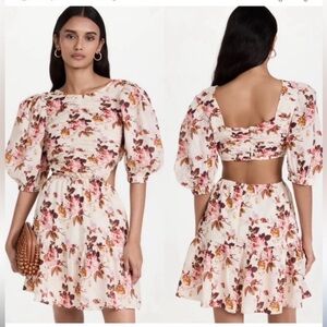Sea New York Floral Mini Dress Puff Sleeve, Smocked, Cut-Out Back in Cream‎ NWOT